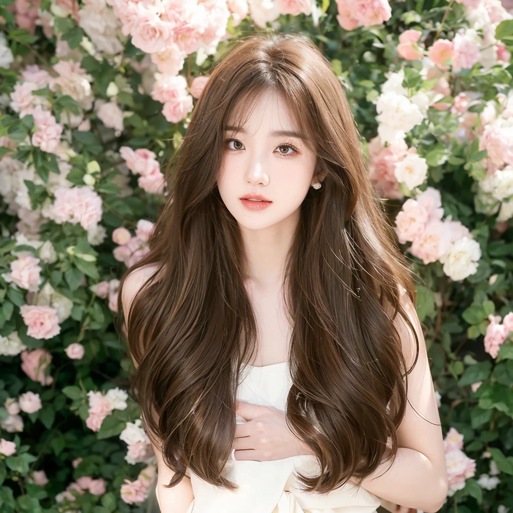 Honey Tea Linen Bed Curls,Big wavy hair,Natural and beautiful hair,uniform hair color,Roses background