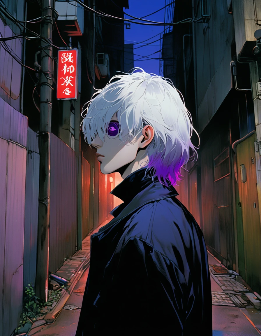 illust、art、from 80s horror movie, directed by Junji Ito、The silver-haired young man turns around、looking at the camera、Back Alley、A lonely city、Slit eyes、Beautiful Boy、Black Costume、Stylish、high detail, realsitic shadow、Analog style, vhs style, 8mm film, chromatic aberration, Dvd screengrab、Blue-purple and red-purple gradation、Surrealism