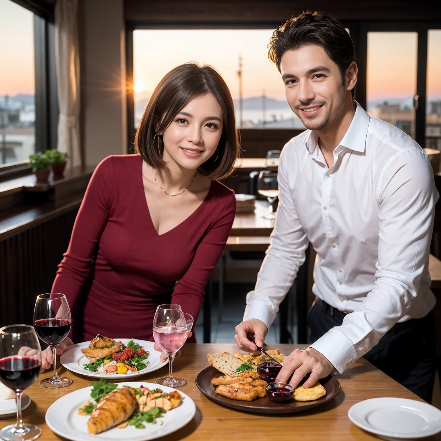 ((Highest quality、8K、masterpiece:1.3))、 (Ultra-realistic、 Genuine、Bright image、Intricate details:1.2), 最高のsmile、1 male 1 female、Beautiful couple、Love Love Love、spouse、Female announcer、actress couple、smile、Full-course dinner at a packed table、 (Slim face), (the body is slim), (Brown Hair), (short hair), テーブルのwine glass、Please shine a light on my face、 Amazing view of the sunset sky and clouds、36 years old 39 years old, red wine 、Appetizers、Wine bottle、sparkling wine、Long sleeve shirt、dress、White wine, red wine, wine glass,