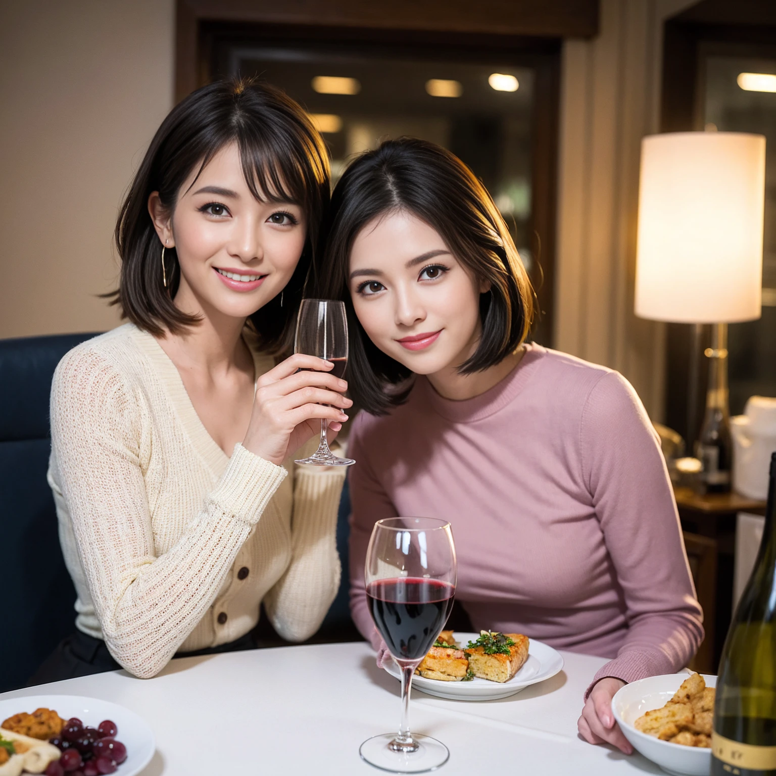 ((Highest quality、8K、masterpiece:1.3))、 (Ultra-realistic、 Genuine、Bright image、Intricate details:1.2), 最高のsmile、1 male 1 female、Beautiful couple、Love Love Love、spouse、Female announcer、actress couple、smile、Full-course dinner at a packed table、 (Slim face), (the body is slim), (Brown Hair), (short hair), テーブルのwine glass、Please shine a light on my face、 Amazing view of the sunset sky and clouds、36 years old 39 years old, red wine 、Appetizers、Wine bottle、sparkling wine、Long sleeve shirt、dress、White wine, red wine, wine glass,