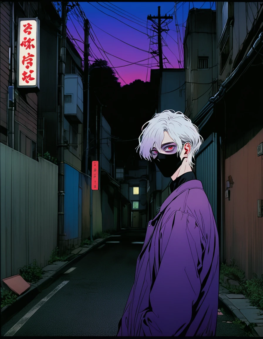 illust、art、from 80s horror movie, directed by Junji Ito、The silver-haired young man turns around、looking at the camera、Back Alley、A lonely city、Slit eyes、Beautiful Boy、Black Costume、Stylish、high detail, realsitic shadow、Analog style, vhs style, 8mm film, chromatic aberration, Dvd screengrab、Blue-purple and red-purple gradation、Surrealism