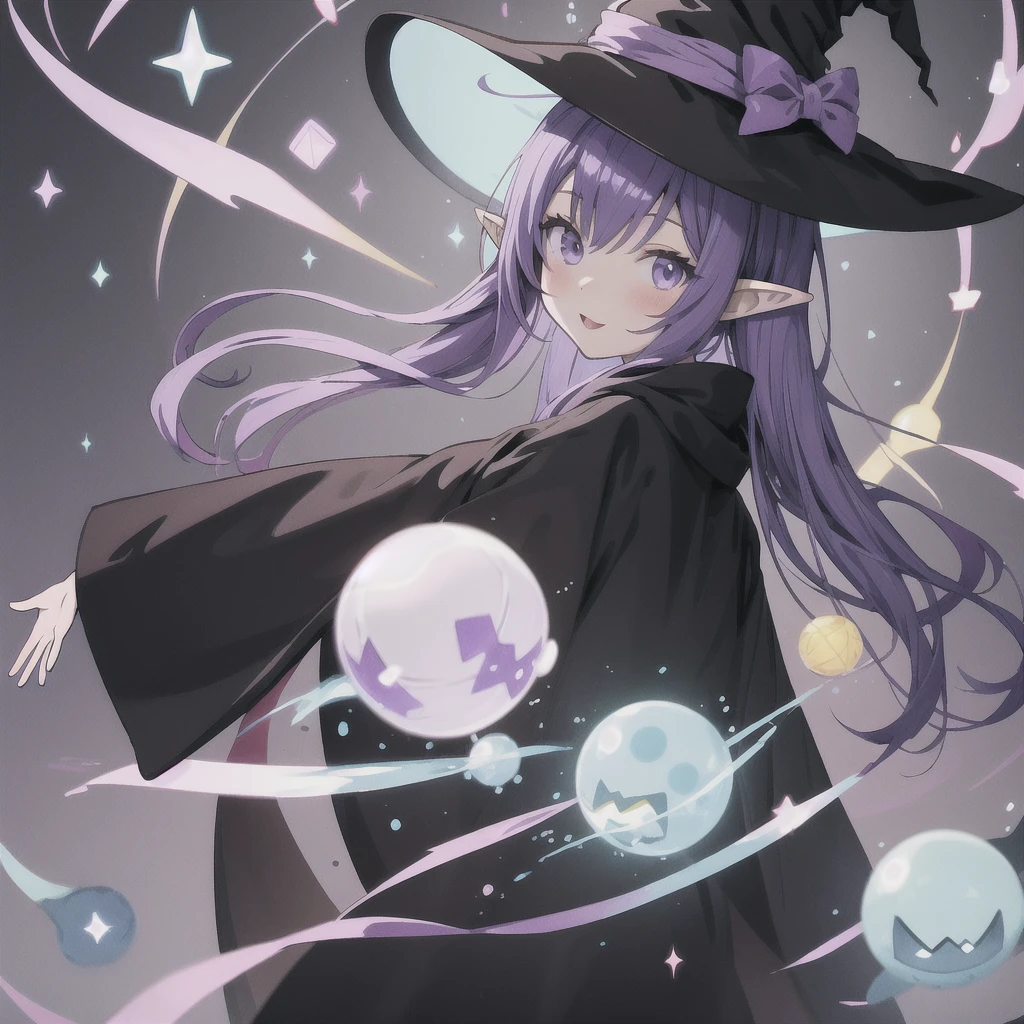 anime girl long purple hair wearing a black Robe. she has pointy ears. Witch Hat. Manga kawaii. iridescent ,An illustration, 0ne person .look back