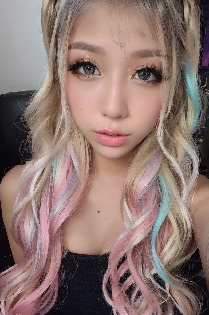Close-up of a woman with long hair and a pink and blue wig, pastel colourのロングヘア, Blonde hair with pink highlights, Portrait of a Japanese Gal, pastel colourの髪, pastel colour, long Bubble Gum Hair, Colorful pastels, Pink pigtails and cyan eyes, Pastel Makeup, light-colored hair streaks, messy curly pastel colourの髪, Bubble Gum Hair
