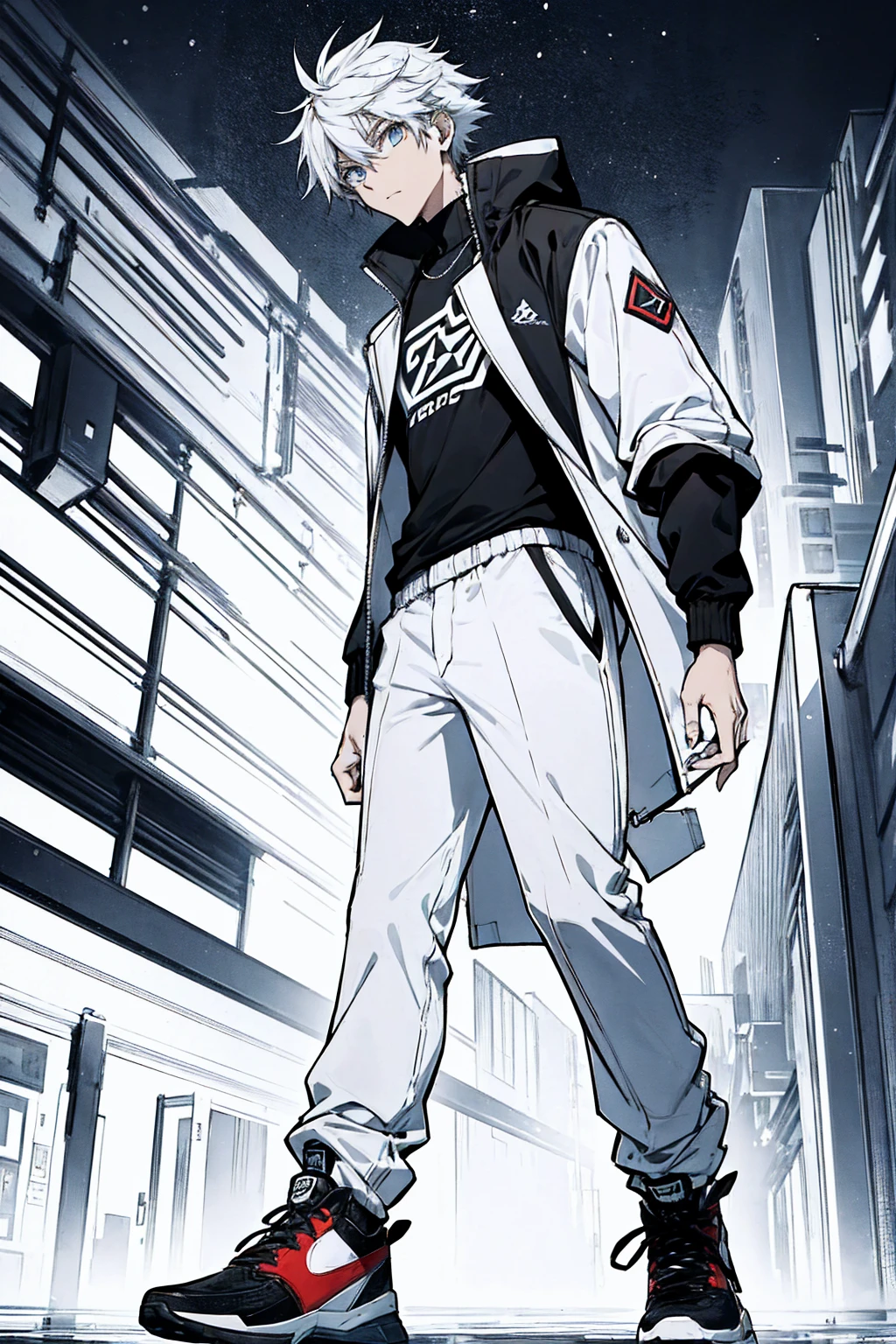 Tall, tannish, male, handsome, wearing white jacket, pants, and black high tops, has pokeball on waist and is chilling in the night, alone.