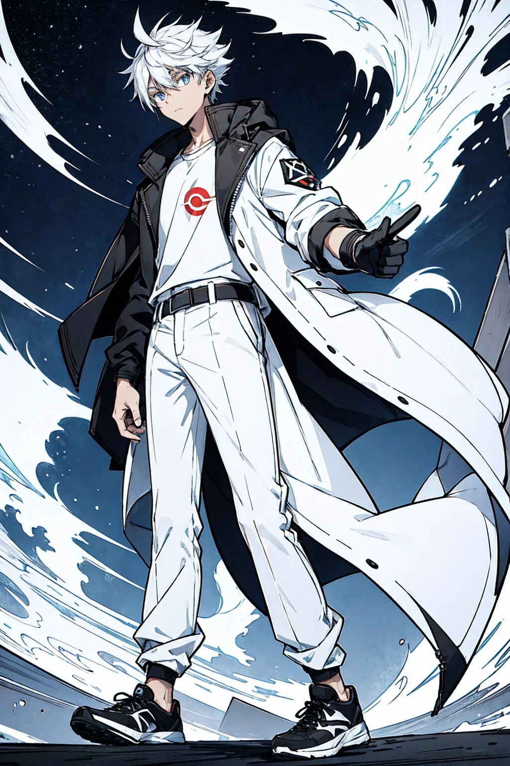 Tall, tannish, male, handsome, wearing white jacket, pants, and black high tops, has pokeball on waist and is chilling in the night, alone.