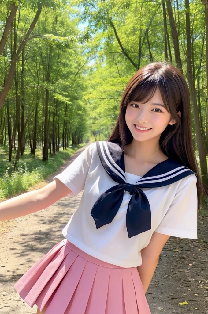 Image resolution 8K、masterpiece:1.3)、Beauty、1 female、(魅力的なbody:1.2)、abdomen:1.1、Dark Brown Hair:1.1、(body:1.2)、Ultra-detailed face、Attractive lips、double eyelid、Ultra-realistic and detailed Japanese girl in a white short-sleeved sailor suit and pink skirt、Japanese women、10th generaars old)、Thest in the background、Smiling with a nice smile、