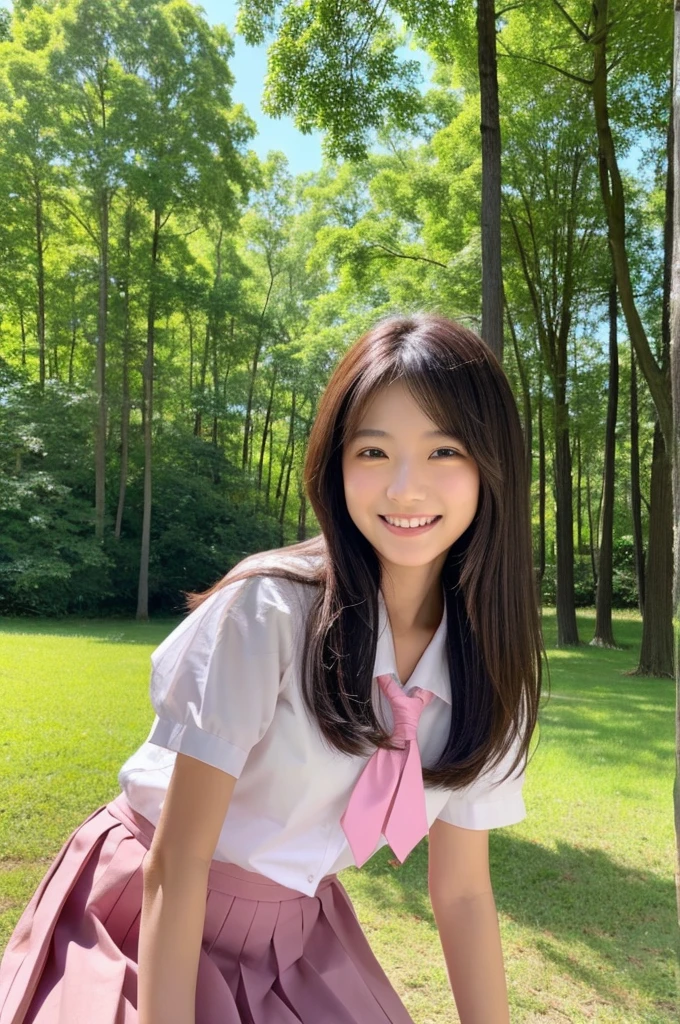 Image resolution 8K、masterpiece:1.3)、Beauty、1 female、(魅力的なbody:1.2)、abdomen:1.1、Dark Brown Hair:1.1、(body:1.2)、Ultra-detailed face、Attractive lips、double eyelid、Ultra-realistic and detailed Japanese school girl in a white short-sleeved sailor suit and pink skirt、Japanese women、10th generation(17 years old)、There is a forest in the background、Smiling with a nice smile、