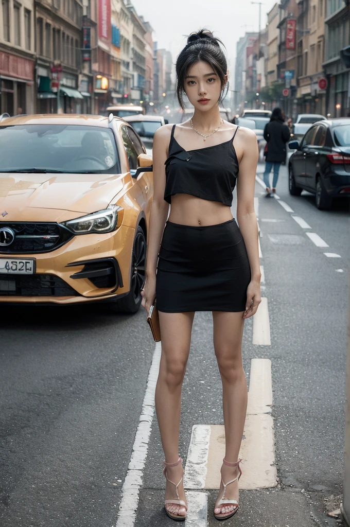 (((best quality))),(((ultra detailed))),(((masterpiece))),illustration,1girl,slim,sun-kissed skin,vibrant rose-pink cotton dress,short ponytail,flat chest,navel,slender legs,pantyhose,sandals,standing, bustling city streets, honking cars,surrounded by crowded crowds, colorful advertisements,grilled skewers,enjoying sights and sounds,(dark black skin:1.5),day scene