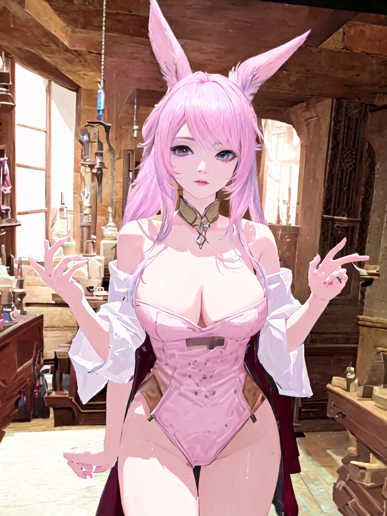 There is a woman with pink hair and bunny ears standing in a room, final fantasy style 14, final fantasy 14 sharp, neferpitou, Final Fantasy XIV, Final Fantasy 1 4 screenshot, She is in the potions workshop, wearing cyber bunny ears, ffxiv, close-up portrait of an artificer, Final Fantasy 1 4, tiflin sexy en su cuarto tirada 