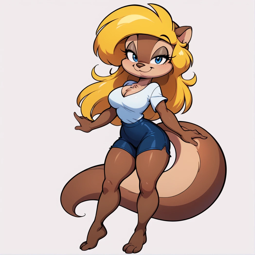 score_9, score_8_up, score_7_up, score_6_up, score_5_up, score_4_up, (Source furry), 1girl, solo, breasts, looking at viewer, smile, blue eyes, simple background, shirt, white background, animal ears, cleavage, medium breasts, closed mouth, standing, tail, full thick body, barefoot, furry, sitting down on knees, black swimming shorts, has thick thighs, white shirt, animal nose, snout, amy squirrel , blonde hair, long hair, two tone fur, brown fur, furry female, body fur