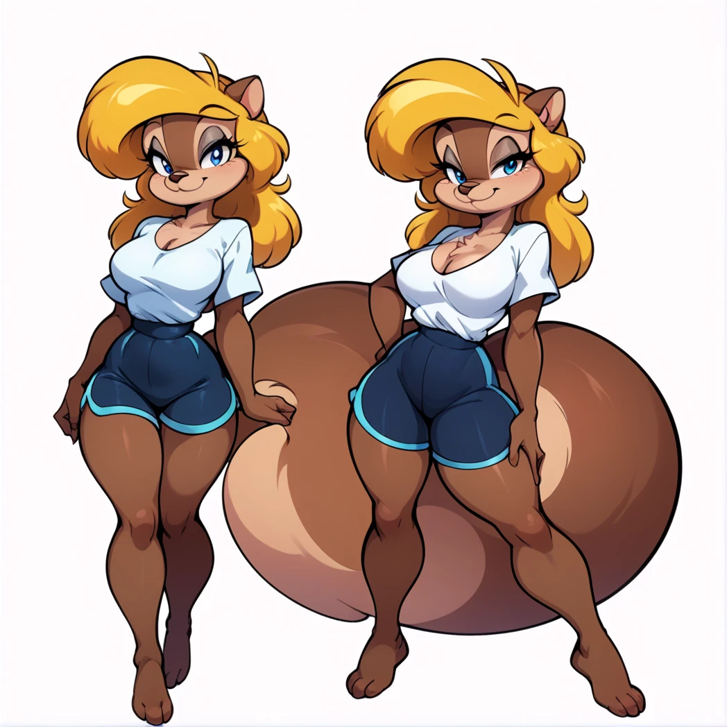 score_9, score_8_up, score_7_up, score_6_up, score_5_up, score_4_up, (Source furry),  1girl, solo, breasts, looking at viewer, smile, blue eyes, simple background, shirt, white background, animal ears, cleavage, medium breasts, closed mouth, standing, tail, full thick body, barefoot, furry, sitting down on knees, black swimming shorts, has thick thighs, white shirt, animal nose, snout, amy squirrel , blonde hair, long hair, two tone fur, brown fur, furry female, body fur 