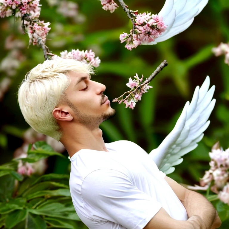 1boy, smelling a flower, sleepy, tranquil, serene, youthful, angel wings, white hair, fullbody, fullbody pose, dynamic pose, creative pose, in the style of zoru