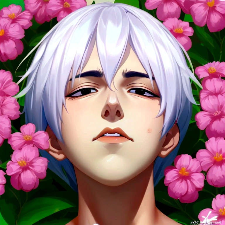 1boy, smelling a flower, sleepy, tranquil, serene, youthful, angel wings, white hair, fullbody, fullbody pose, dynamic pose, creative pose, in the style of zoru
