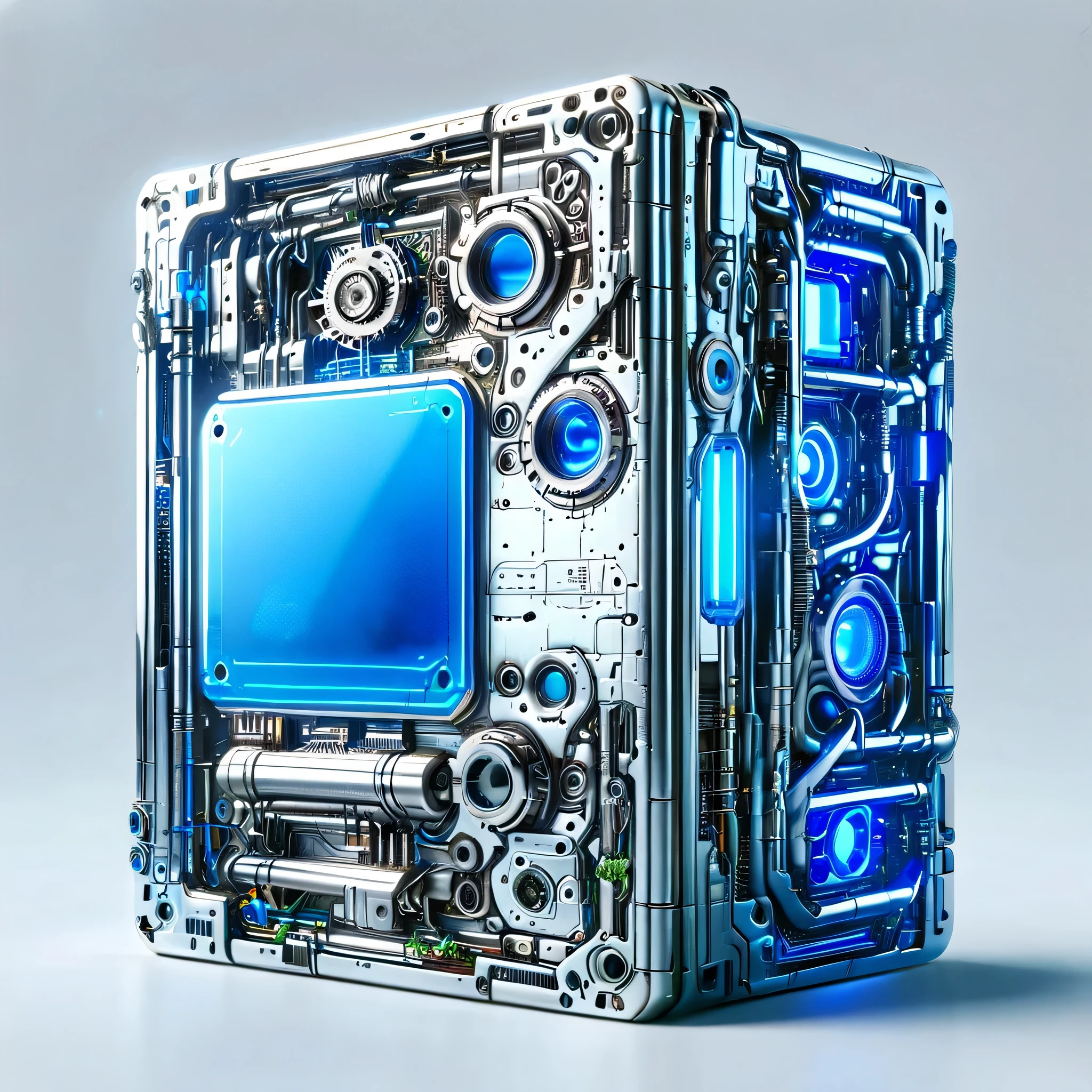 (Metal card), Digital Art，Cyberpunk，White ceramic housing，blue transparent glass，3D rendering，ray tracing，Reasonable structure，Complex internal structure