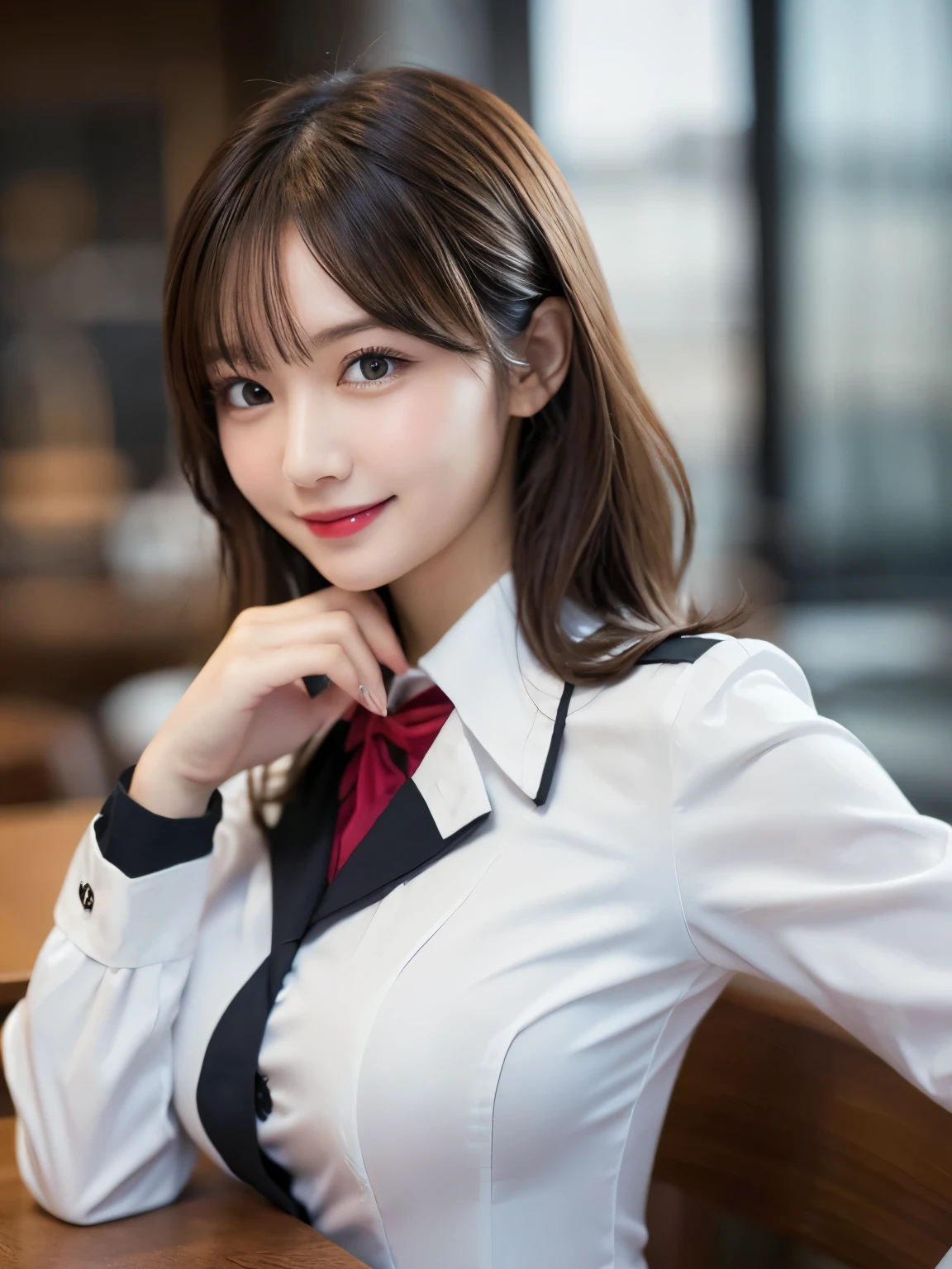 Tabletop, Highest quality, shape, Very detailed, In detail, High resolution, 8k wallpaper, Perfect dynamic composition, Beautiful details, White Magic Academy Uniform, Natural Lip, , Exposing the ，Asymmetrical Wave Hairstyle, smile, White Background