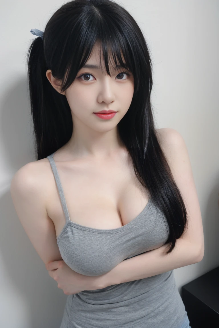 best quality, masterpiece, highres, ferpect lighting, film grain, Glowing skin, (upper body shot), (photorealistic:1.50), 1girl, solo, long hair, (twintails:1.3), black hair, Hair ribbon, Twin horns, Wing, tank top, Pleated skirt, standing, Arms behind back,(super Giant breast:1.5),(Sagging breasts:1.5),(Cleavage:1.3), Curtain background, computers, room, From above, blue eyes,