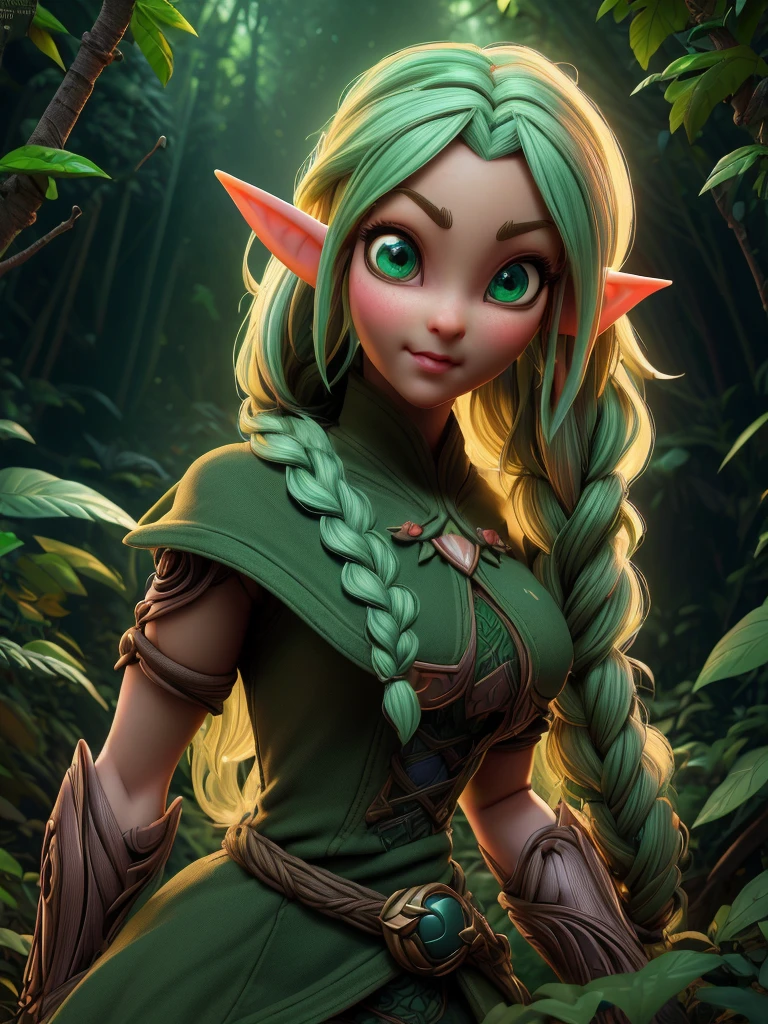 ((female cute elf portrait)), (anatomical biometrical hands), in a jungle, two braid hair, perfect body shape, ((wearing cute elf dress)), cute face, full body, looking back (hyper detailed eyes, hyper detailed face), 16k, 8k, RAW photo, best quality, masterpiece, high detail RAW color photo, dramatic lighting, cinematic lighting, back light, professional lighting