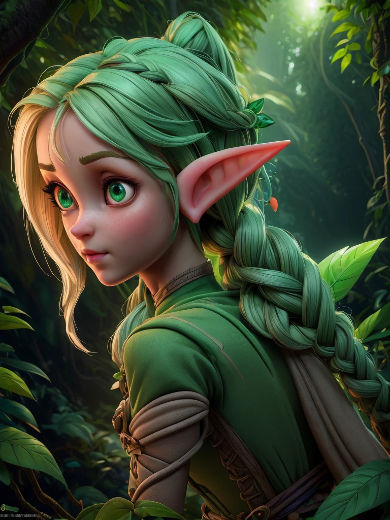 ((female cute elf portrait)), (anatomical biometrical hands), in a jungle, two braid hair, perfect body shape, ((wearing cute elf dress)), cute face, full body, looking back (hyper detailed eyes, hyper detailed face), 16k, 8k, RAW photo, best quality, masterpiece, high detail RAW color photo, dramatic lighting, cinematic lighting, back light, professional lighting