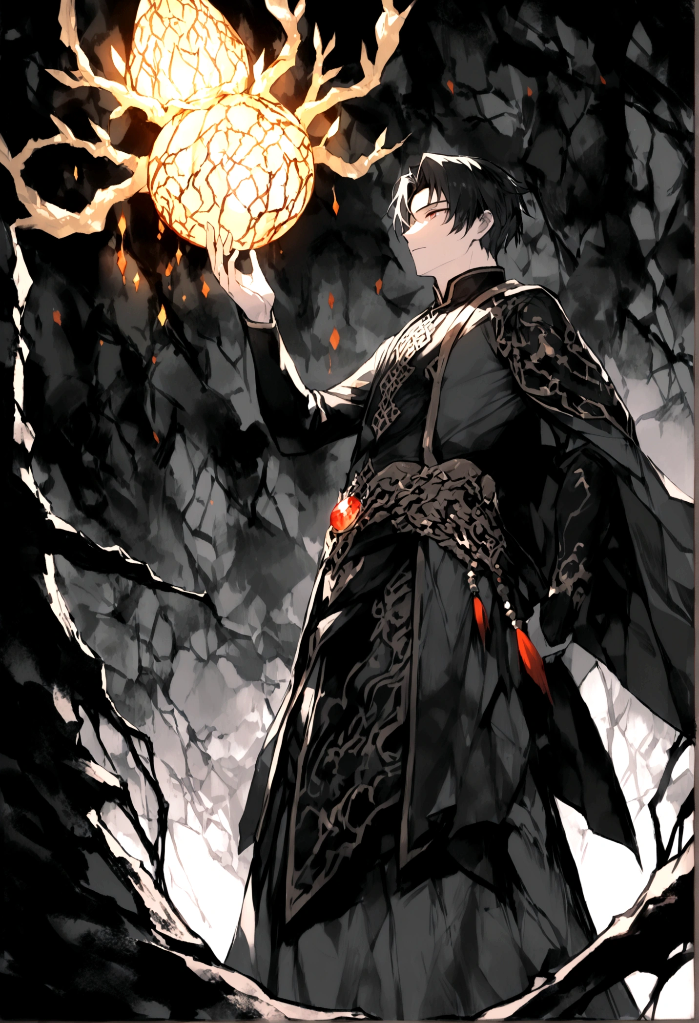 Close-up of faces，((The background is in a dark cave))，mysterious，((There must be a glowing stone suspended in the cave.))，A boy standing below，((boy))，Childlike，short hair，((，Chinese style，Immortal World，Xianxia World)),Primeval forest，only one person