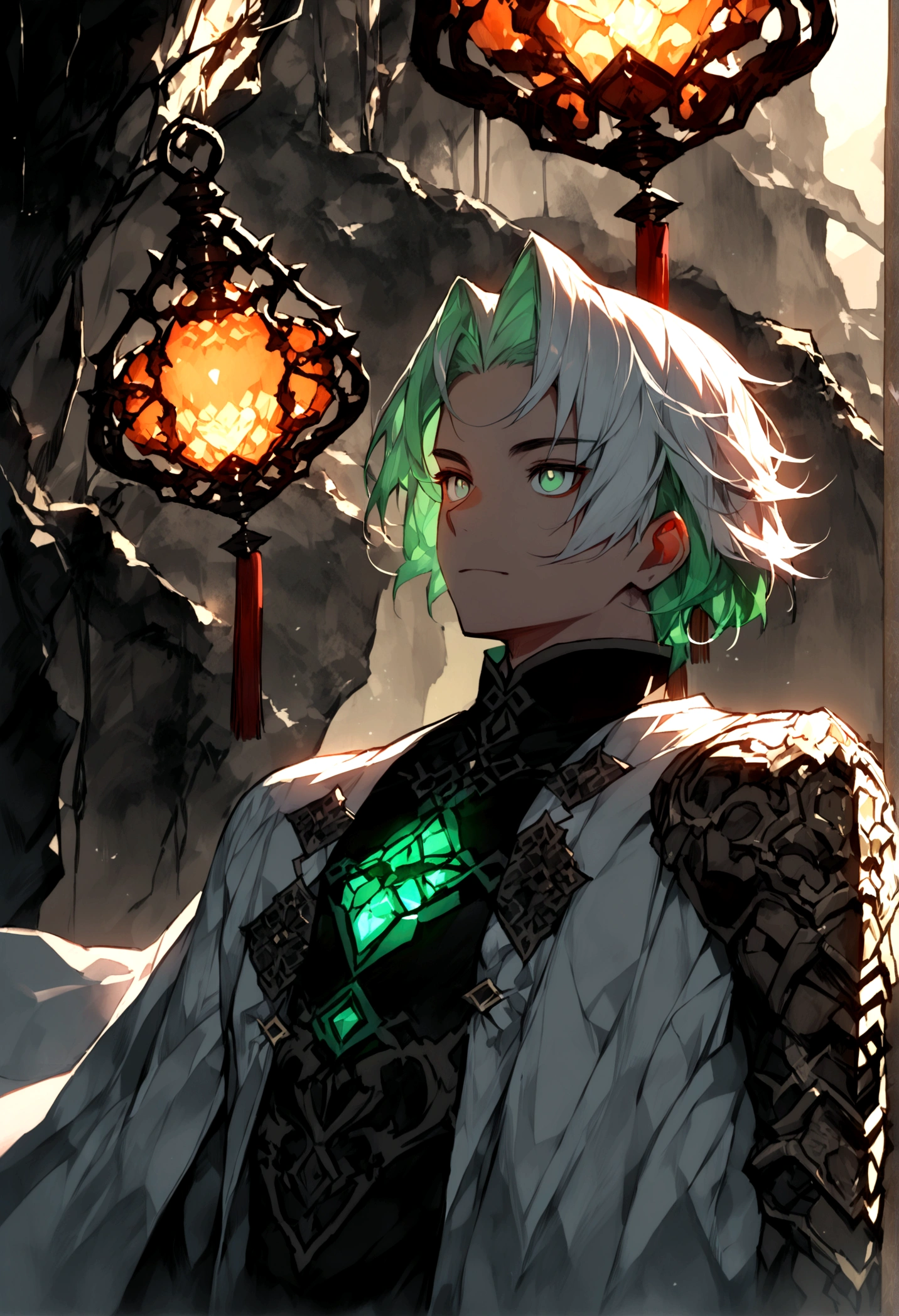 Close-up of faces,((The background is in a dark cave)),mysterious,((There must be a glowing stone suspended in the cave.)),A boy standing below,((boy)),Childlike,short hair,((,Chinese style,Immortal World,Xianxia World)),Primeval forest,only one person