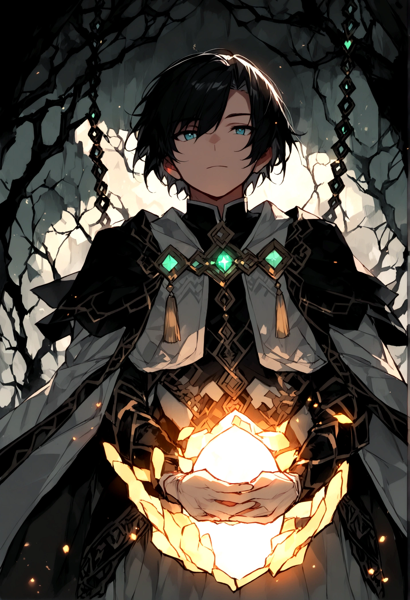 Close-up of faces，((The background is in a dark cave))，mysterious，((There must be a glowing stone suspended in the cave.))，A boy standing below，((boy))，Childlike，short hair，((，Chinese style，Immortal World，Xianxia World)),Primeval forest，only one person