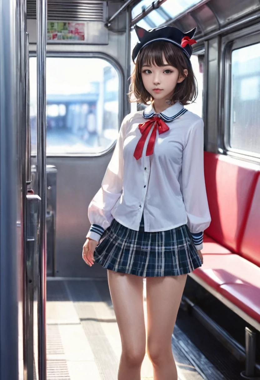 nsfw、BREAK Perfect Anatomy、Highest quality、(cute:1.1)、(cute)、(High resolution:1.2)、Unbelievably absurd:1.3、Incredible illustrations、(cuteイラスト:1.2)、（Beautiful background、Inside a crowded train）(1 girl) 、solo)、(10th Generation、JK、Loli face、Small breasts:1.2)、slender、、、、Eye highlights、embarrassed、、1girl(beret、Cotton shirt、Check skirt、school bag）( Turn your back、Sex preparation:1.2),Appealing pussy, (I put my hands on the door and turned around、lying on back), Inside the pussy, Vagina、pussy juice:1.2