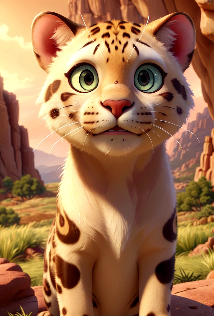(best quality,4k,8k,highres,masterpiece:1.2),ultra-detailed,(realistic,photorealistic,photo-realistic:1.37),dawn,leopard perched on rugged cliff,overlooking vast grassland,dawn light casting long shadows,reflective eyes,soft sunlight,cinematic,illustration,high-definition,realistic fur texture,majestic,serene,ethereal,surreal,rich colors,warm tones,soft lighting