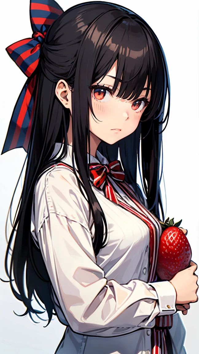 Portrait of a young Japanese female student with long straight black hair and bangs. She is wearing a white shirt and a red and blue striped bow tie. She is eating a strawberry. The background is simple and plain. The style is realistic with attention to detail and captures her calm and serious expression.
