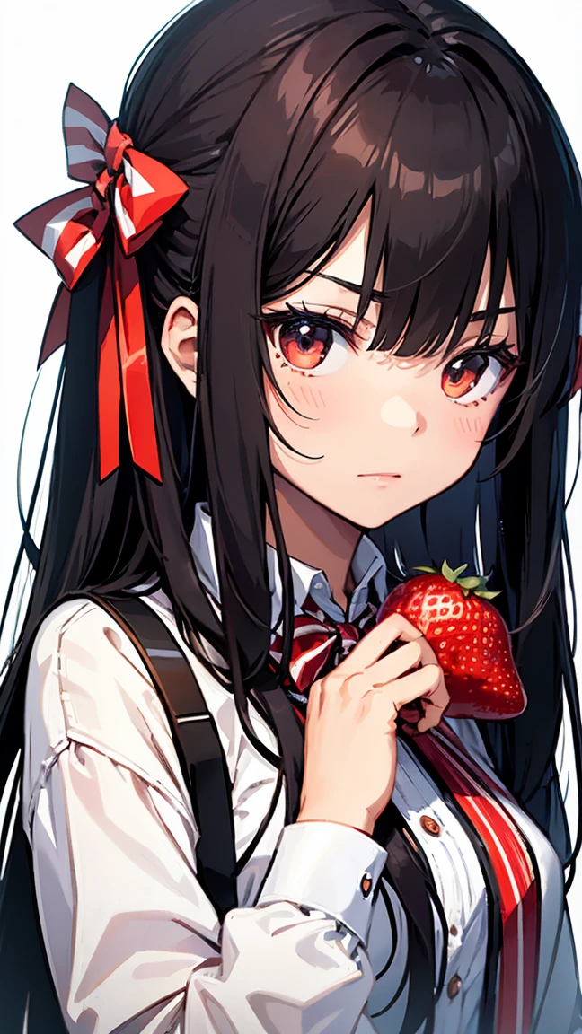 Portrait of a young Japanese female student with long straight black hair and bangs. She is wearing a white shirt and a red and blue striped bow tie. She is holding a strawberry. The background is simple and plain. The style is realistic with attention to detail and captures her calm and serious expression.
