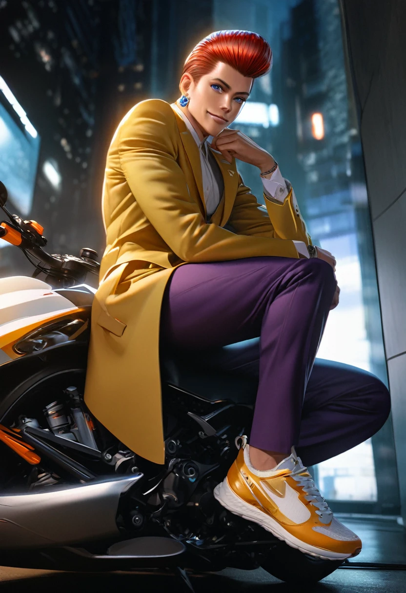 Masculine, tall, slicked back with elegant and modern quiff, middle-aged, front view, tanned, smooth, radiant, healthy skin, bright, navy blue eyes, with highlights, ((wearing yellow suit with orange details)), confident smile, mouth semi-open, relaxed expression, salmon and deep red hair, pompadour hairstyle, shiny, detailed, (((navy blue earrings))), (((yellow suit with orange details))), elegant, (((purple pants))), ((((light brown tennis shoes)))), many accessories, full body, wearing a motorcycle, modern city background, office building, elegant, illuminated, 8k quality, extremely detailed, masterpiece, high resolution, realistic skin texture, hyper realistic, increase resolution, raw photos, best quality, highly detailed, background screen, cinematic lighting, ray trace, golden ratio, dynamic angle, close-up of face, looking at viewer, in elegant position, best posture, ((full body))