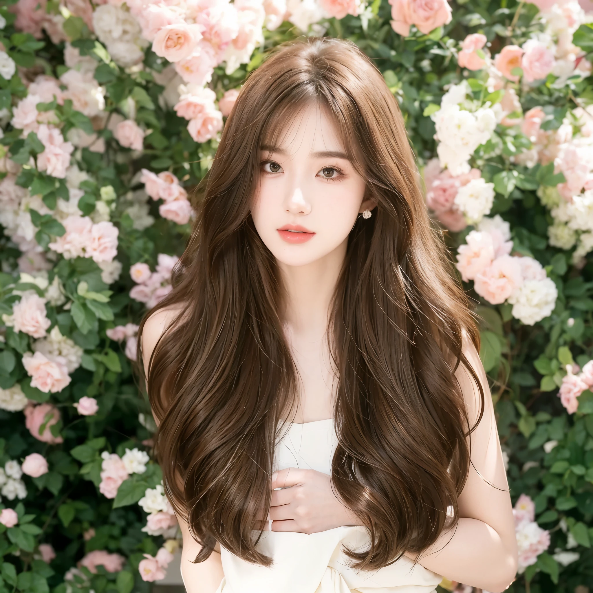 Honey Tea Linen Bed Curls，Big wavy hair，Natural and beautiful hair，uniform hair color，Roses background