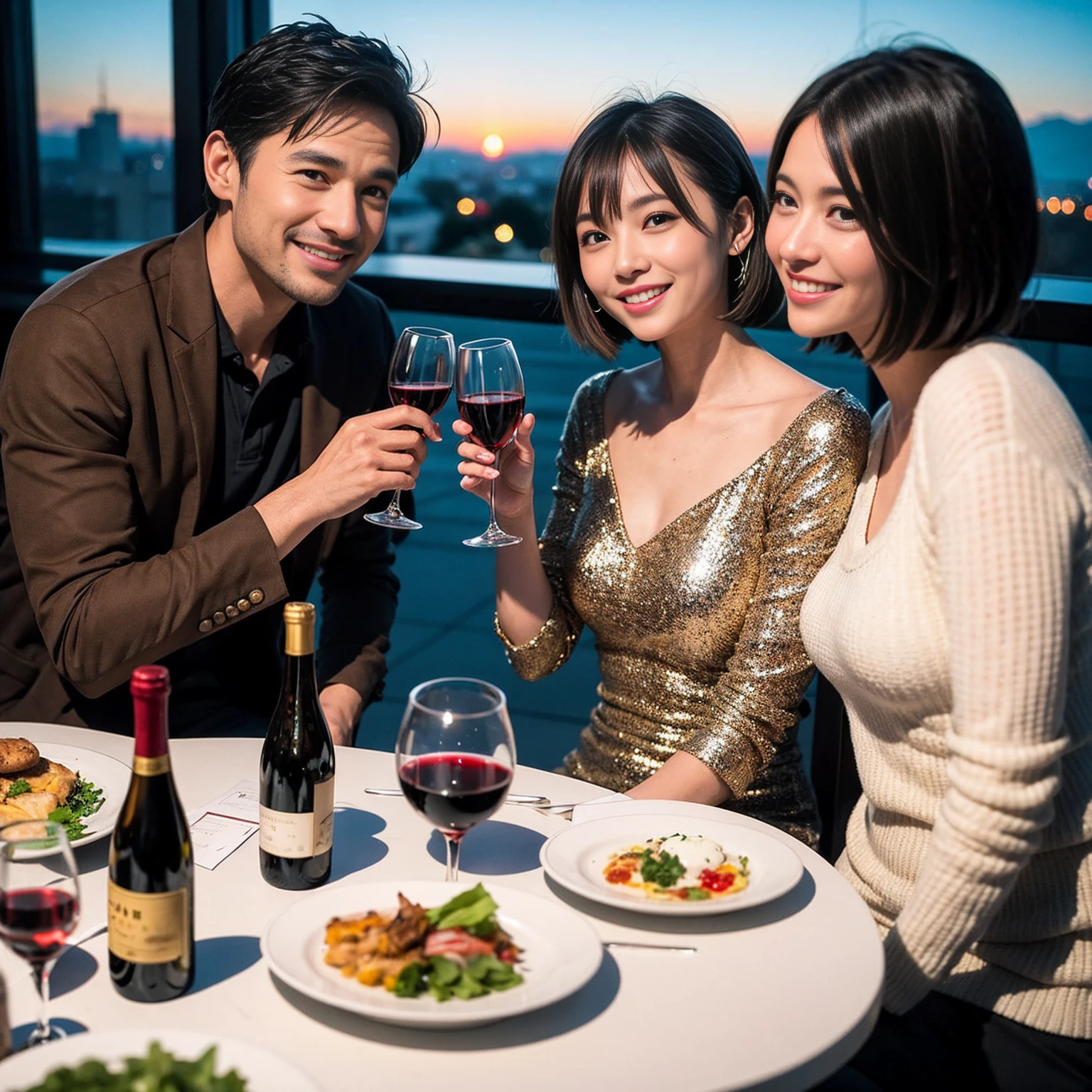 ((Highest quality、8K、masterpiece:1.3))、 (Ultra-realistic、 Genuine、Bright image、Intricate details:1.2), 最高のsmile、1 male 1 female、party、Beautiful couple、Love Love Love、Alice Hirose-like lover、friend、actress couple、smile、Full-course dinner at a packed table、 (Slim face), (the body is slim), (Brown Hair), (short hair), テーブルのwine glass、Please shine a light on my face、 Amazing view of the sunset sky and clouds、42 years old 39 years old, red wine 、Appetizers、Wine bottle、sparkling wine、Long sleeve shirt、dress、White wine, red wine, wine glass,