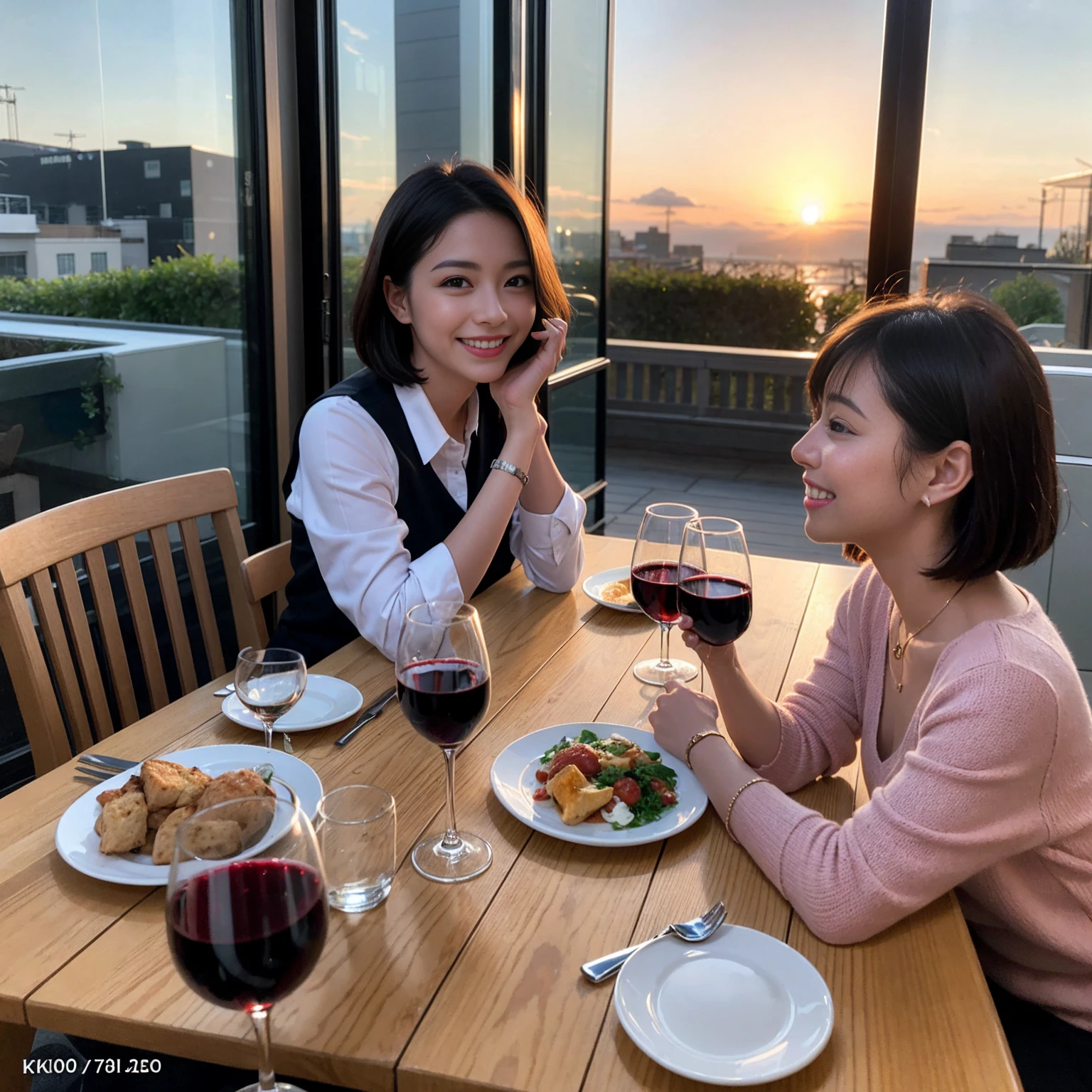 ((Highest quality、8K、masterpiece:1.3))、 (Ultra-realistic、 Genuine、Bright image、Intricate details:1.2), 最高のsmile、1 male 1 female、party、Beautiful couple、Love Love Love、Alice Hirose-like lover、friend、actress couple、smile、Full-course dinner at a packed table、 (Slim face), (the body is slim), (Brown Hair), (short hair), テーブルのwine glass、Please shine a light on my face、 Amazing view of the sunset sky and clouds、42 years old 39 years old, red wine 、Appetizers、Wine bottle、sparkling wine、Long sleeve shirt、dress、White wine, red wine, wine glass, 