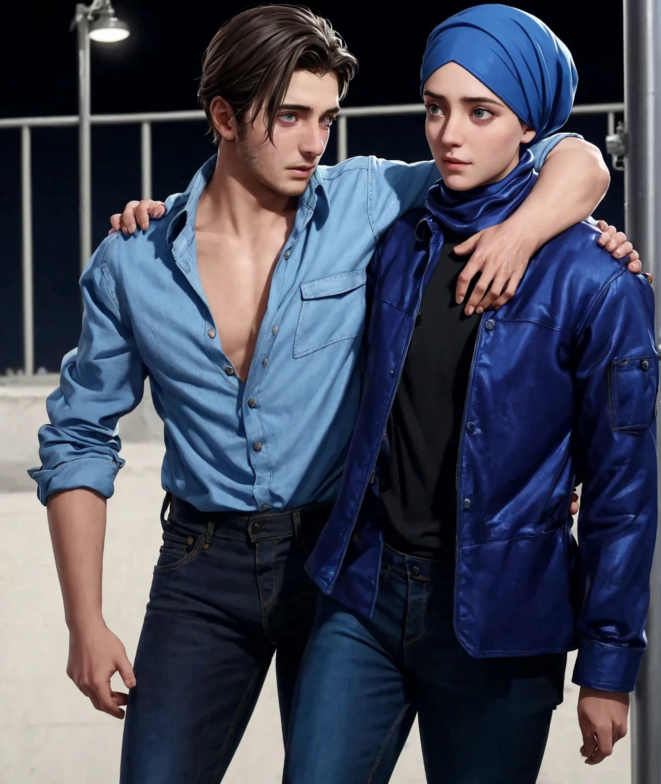 he is injured and she carries him, a woman is carrying an injured man on the street, a young German man in a blue cotton shirt and jeans and a Syrian woman in a shiny plastic quilted coat and blue satin headscarf stand arm in arm in front of a refugee shelter, A German man in a cotton shirt and jeans is injured and is supported by a Syrian woman, A Syrian woman wearing a shiny plastic down coat supports an injured short-haired man, who can't walk alone, A Syrian woman wearing a headscarf holds an injured short-haired man in her arms, compassion, accident, injury, first aid, theater, ultra-realistic, photo
