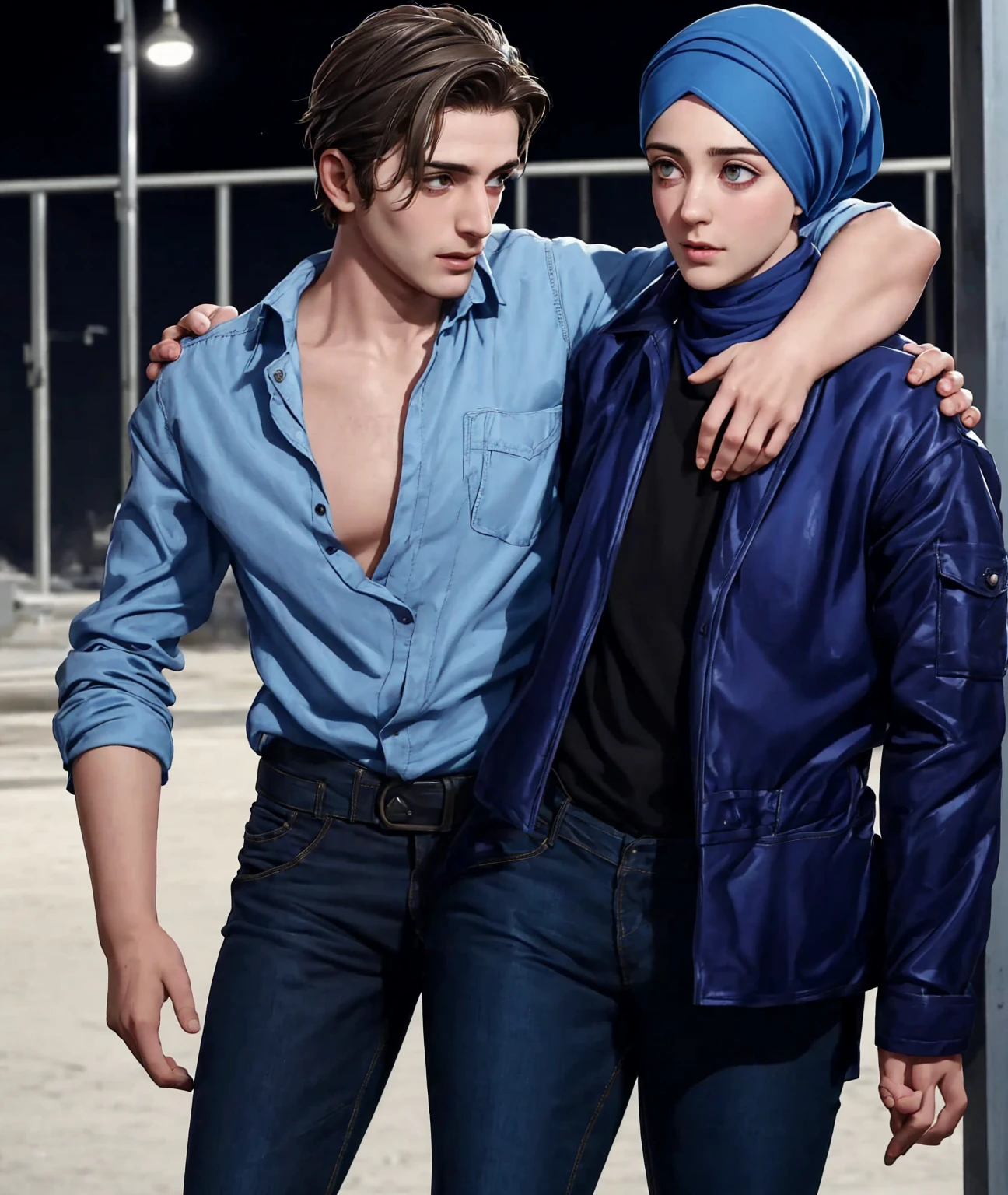 he is injured and she carries him, a woman is carrying an injured man on the street, a young German man in a blue cotton shirt and jeans and a Syrian woman in a shiny plastic quilted coat and blue satin headscarf stand arm in arm in front of a refugee shelter, A German man in a cotton shirt and jeans is injured and is supported by a Syrian woman, A Syrian woman wearing a shiny plastic down coat supports an injured short-haired man, who can't walk alone, A Syrian woman wearing a headscarf holds an injured short-haired man in her arms, compassion, accident, injury, first aid, theater, ultra-realistic, photo