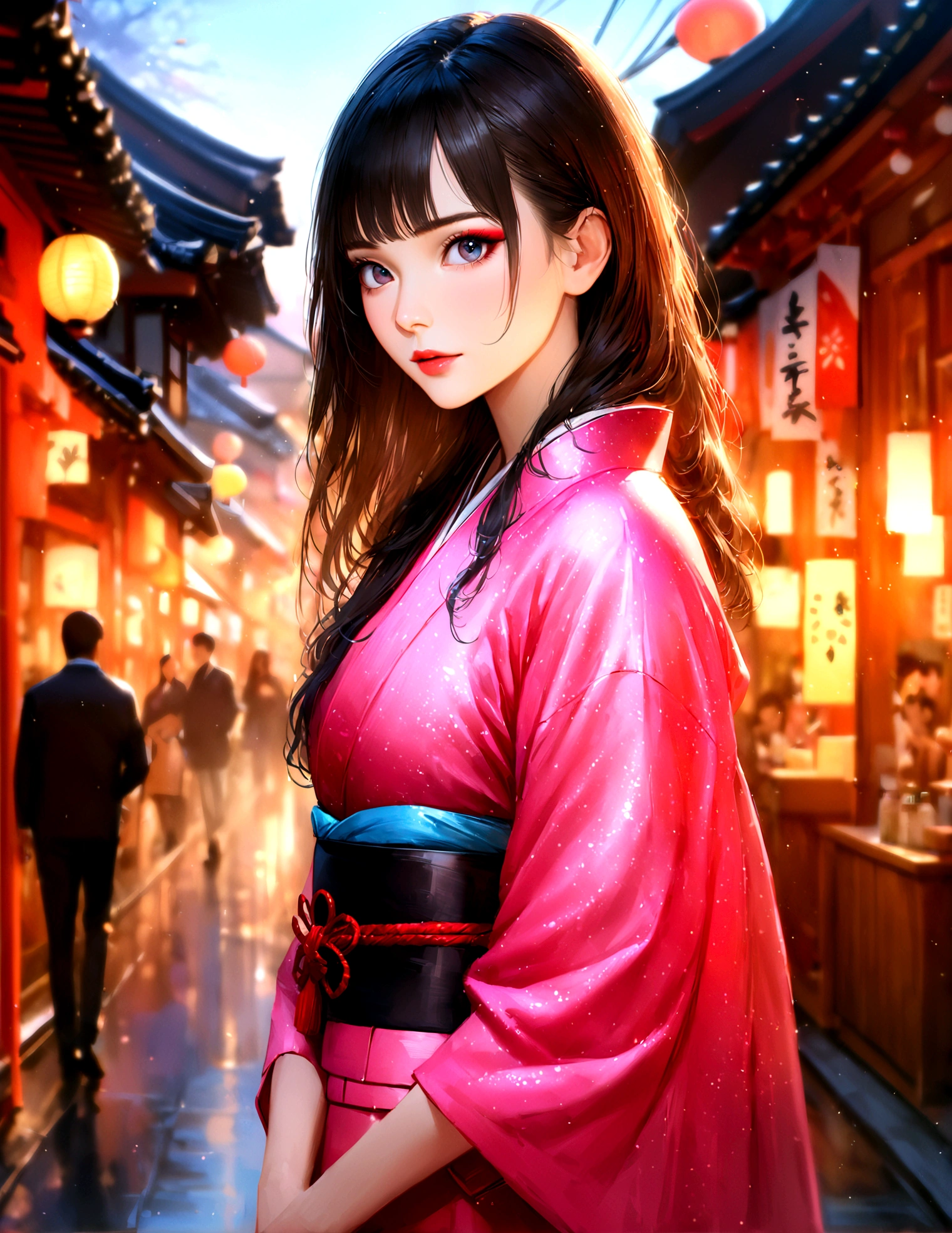 Kyoto, kimono,Maiko makeup,Blur the background,young woman,Glitter effect,Highest quality, 8K, High resolution, masterpiece:1.2, Very detailed, Realistic:1.37, High resolution, 超High resolution, Ultra-fine painting, Professional, Vibrant colors