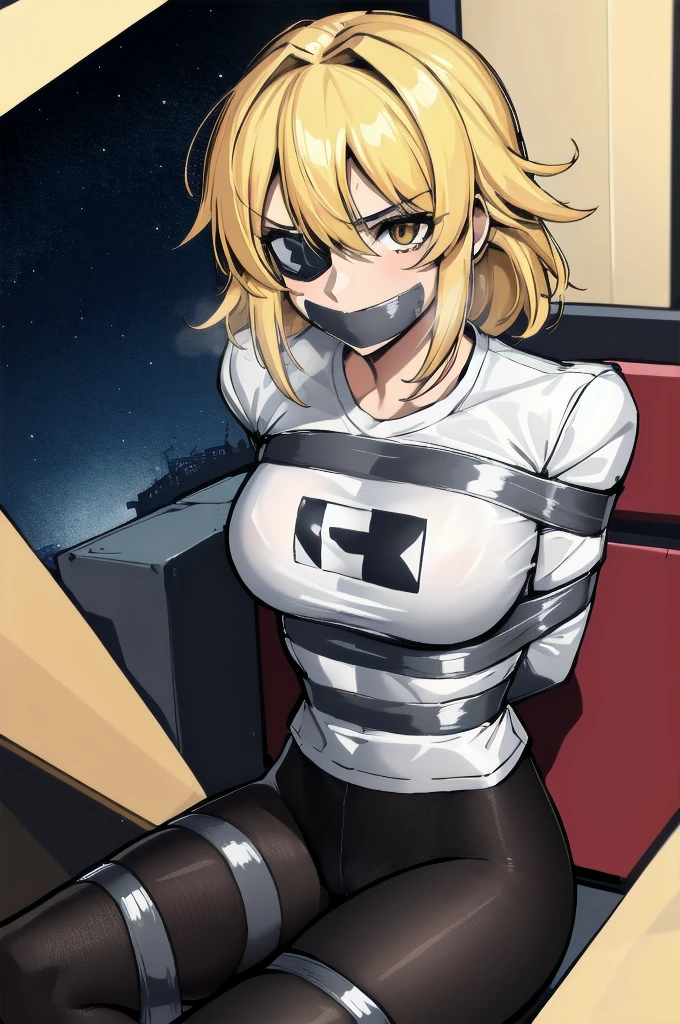 (absurdres, 8k, 4k, masterpiece, hyper extreme detailed:1.2), (masterpiece), best quality, expressive eyes, highres, perfect eyes, 1girl, perfect face, perfect hands, standing, belt, 1girl, blonde hair, eyepatch, perfect anatomy, eyepatch, long hair, platinum blonde hair, muscular, toned body, strong, empty eyes, blank stare, crazy face, crazy eyes, crazy smile, gloves, graphic t- shirt, small, golden eyes, deadpan, expressionless, shaded face, messy hair, crazy hair, city background, heroic, half body, cowboy shot, night time, stars, night sky, hand on head, wind, windy, pantyhose, covered abdomen, bondage, bdsm, bound, bdsm, tape gag, tape, tape bondage, restrained, tape wrapped, wrap gag, bondage, taped wrists, taped breasts, taped mouth, taped elbows, taped forearms, standing up, 1girl, arms behind back, shocked, wide eyes, sitting down, struggling, shaking around, , 1guy, kidnapper, hand on throat, groping, hand on breasts, crotch rope, vibrator, aroused, horny, turned on, groping, groped, captured, fearful, scared,