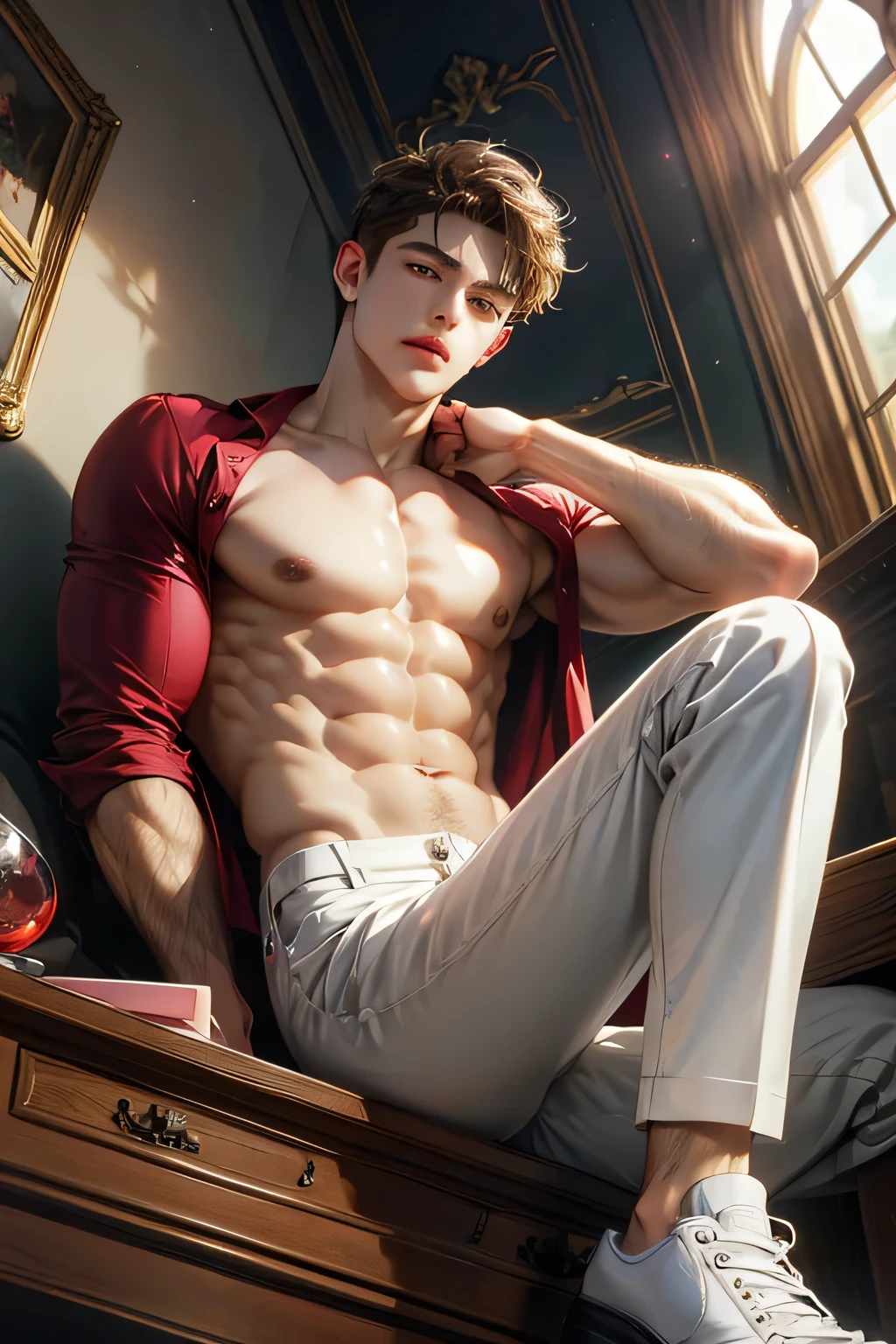 (absurderes, A high resolution, Ultra detailed, hdr), Masterpiece, Best quality, Portrait of a boy, Handsome boy with red eyes, Detailed face, Professional photo, The Alafed man is shirtless, Leaning comfortably，legs are open, (ynipple(From below:1.1)), Focus on your audience,18 year old boy, Handsome boy, [ Firmly defined body ]，Burgundy shirt open，Abs，chest muscle，short white pants，large bulge，white shoe，wardrobe，