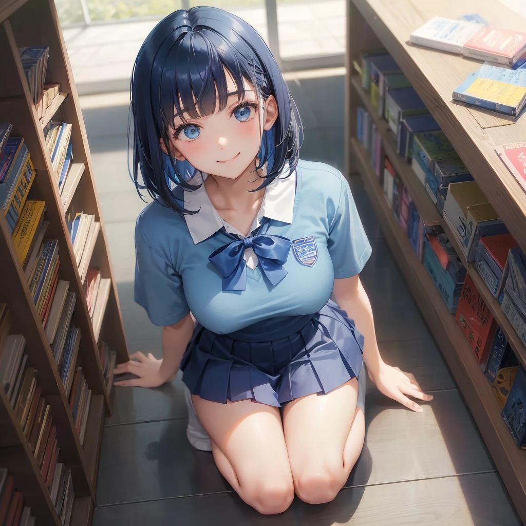 1. High school girl 17-year-old female Bobcut dark blue hair color High School Uniform Light blue Y-shirt Short sleeve Blue Ribbon dark blue hair color Slim figure Large Breasts Full body portrait 学校のlibrary Smiling Kindly Laugh a little library Hand Signs Squat Kneel Look up here