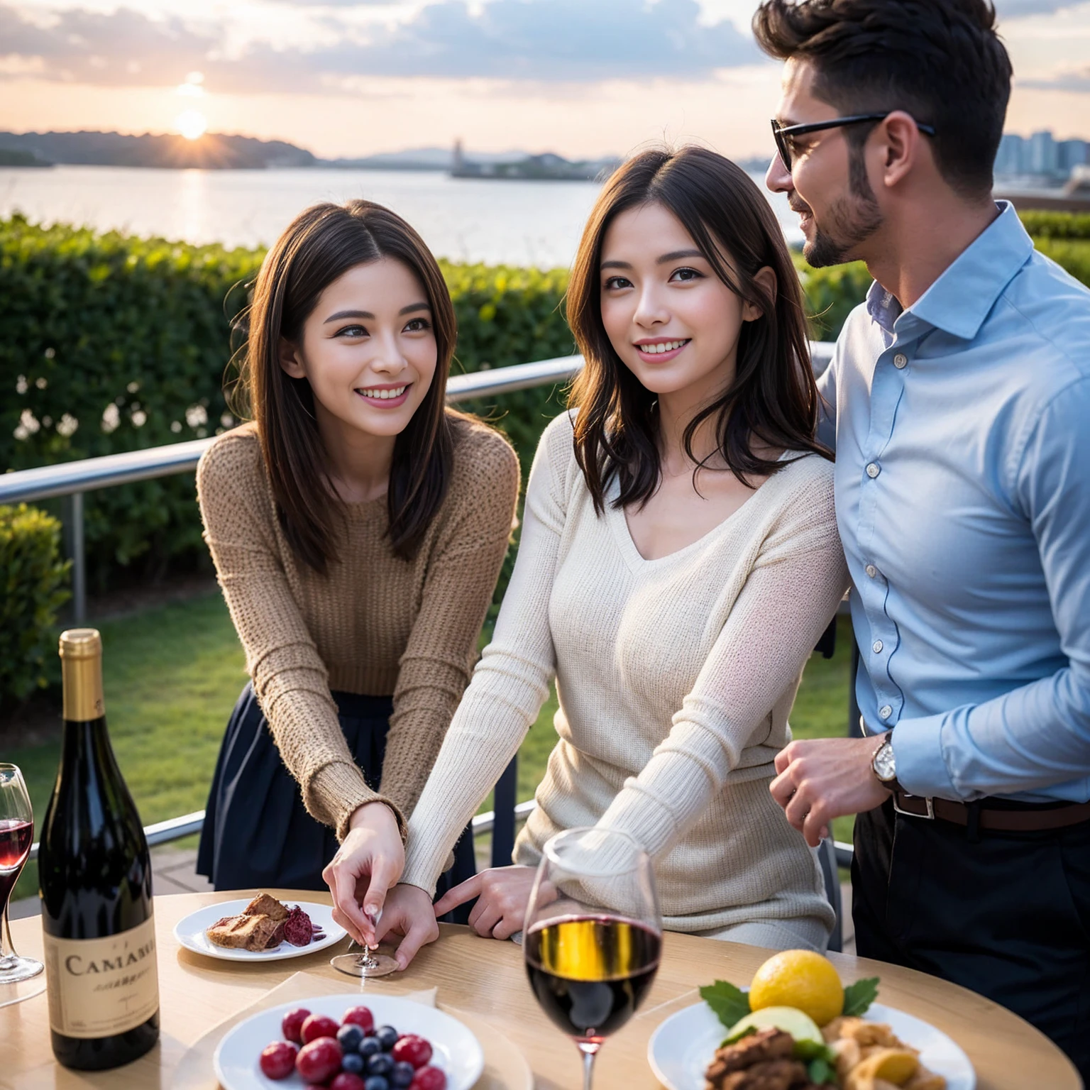 ((Highest quality、8K、masterpiece:1.3))、 (Ultra-realistic、 Genuine、Bright image、Intricate details:1.2), 最高のsmile、1 male 1 female、Beautiful couple、Love Love Love、Lovers in Yokohama、Good friends、actress couple、smile、Full-course dinner at a packed table、 (Slim face), (the body is slim), (Brown Hair), (short hair), テーブルのwine glass、Please shine a light on my face、 Amazing view of the sunset sky and clouds、 years old 39 years old, red wine 、Wine bottle、sparkling wine、Long sleeve shirt、dress、White wine, red wine, wine glass,