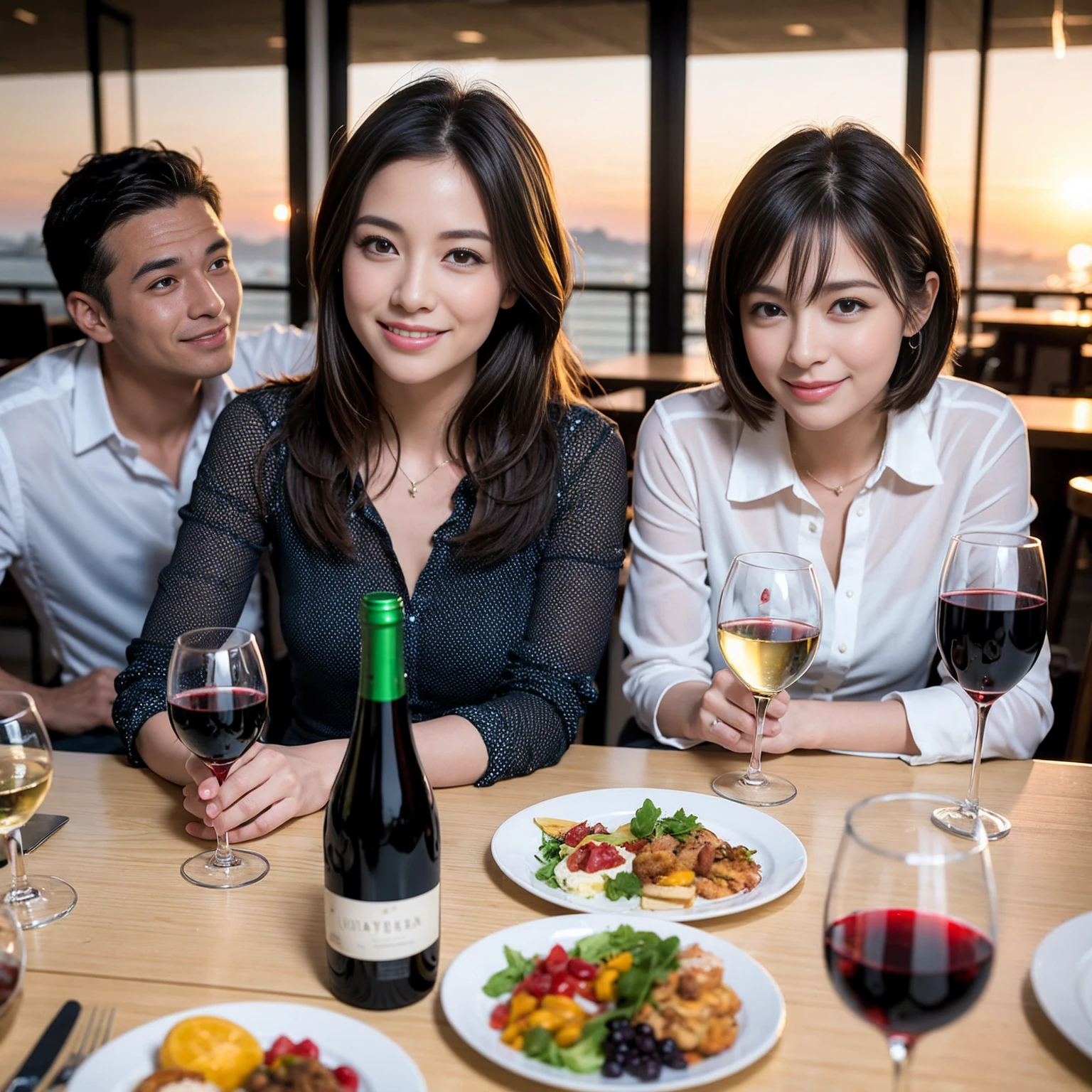 ((Highest quality、8K、masterpiece:1.3))、 (Ultra-realistic、 Genuine、Bright image、Intricate details:1.2), 最高のsmile、1 male 1 female、Beautiful couple、Love Love Love、Lovers in Yokohama、Good friends、actress couple、smile、Full-course dinner at a packed table、 (Slim face), (the body is slim), (Brown Hair), (short hair), テーブルのwine glass、Please shine a light on my face、 Amazing view of the sunset sky and clouds、 years old 39 years old, red wine 、Wine bottle、sparkling wine、Long sleeve shirt、dress、White wine, red wine, wine glass,