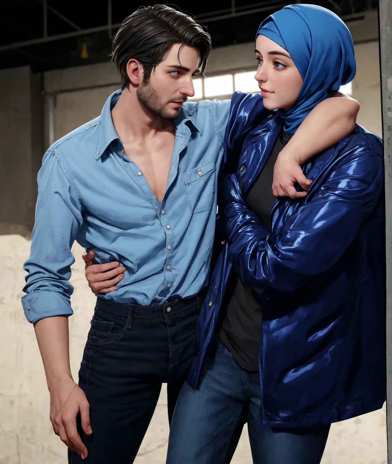 A young German man in a blue cotton shirt and jeans and a Syrian woman in a shiny plastic quilted coat and blue satin headscarf stand arm in arm in front of a refugee shelter, A German man in a cotton shirt and jeans is injured and is supported by a Syrian woman, A Syrian woman wearing a shiny plastic down coat supports an injured short-haired man, who can't walk alone, A Syrian woman wearing a headscarf holds an injured short-haired man in her arms, compassion, accident, injury, first aid, theater, ultra-realistic, photo