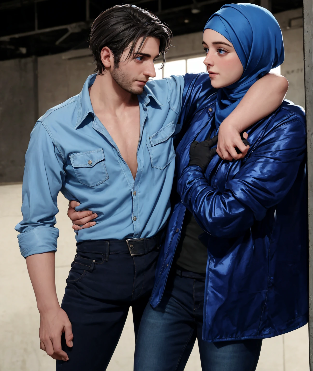 A young German man in a blue cotton shirt and jeans and a Syrian woman in a shiny plastic quilted coat and blue satin headscarf stand arm in arm in front of a refugee shelter, A German man in a cotton shirt and jeans is injured and is supported by a Syrian woman, A Syrian woman wearing a shiny plastic down coat supports an injured short-haired man, who can't walk alone, A Syrian woman wearing a headscarf holds an injured short-haired man in her arms, compassion, accident, injury, first aid, theater, ultra-realistic, photo