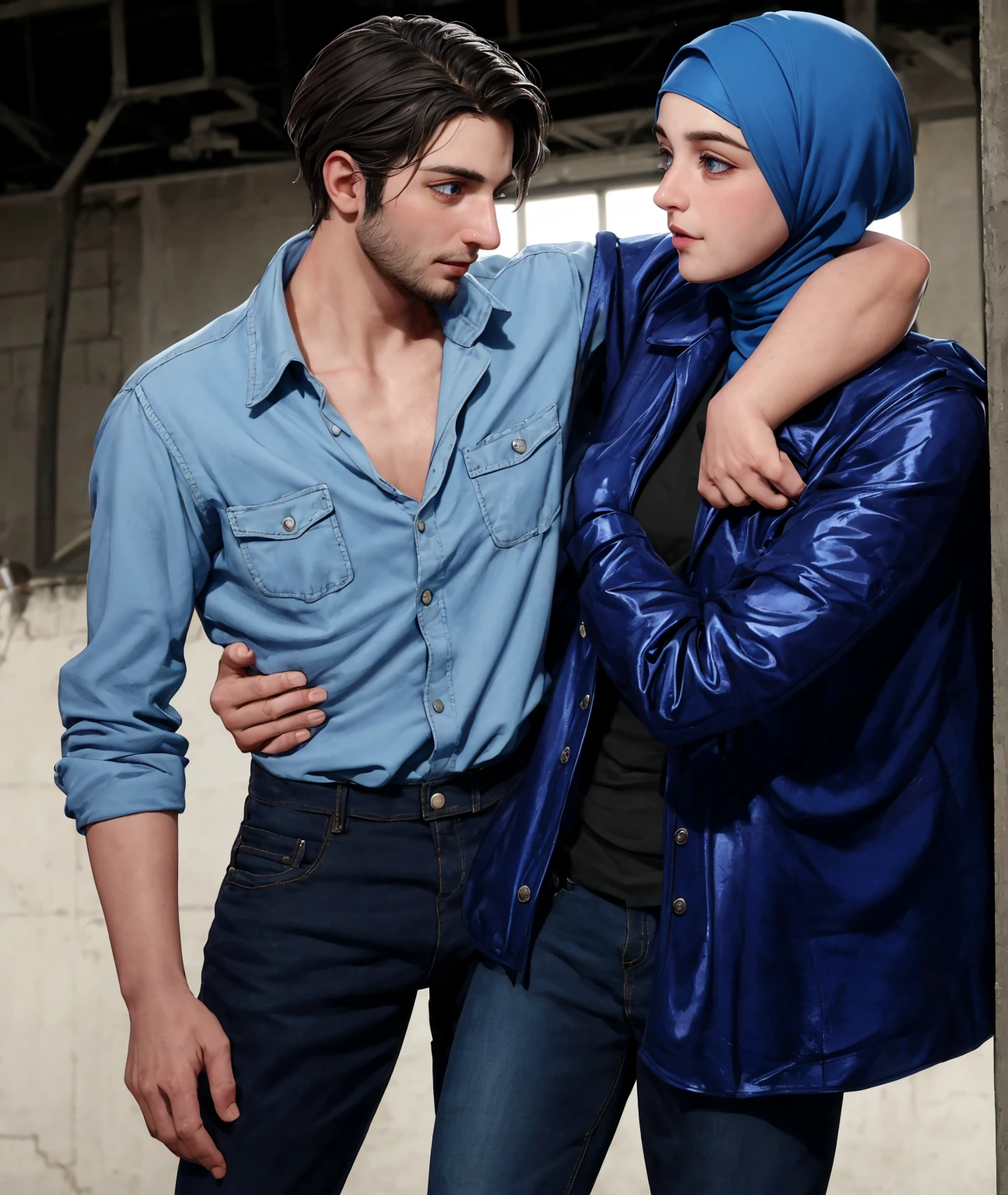 A young German man in a blue cotton shirt and jeans and a Syrian woman in a shiny plastic quilted coat and blue satin headscarf stand arm in arm in front of a refugee shelter, A German man in a cotton shirt and jeans is injured and is supported by a Syrian woman, A Syrian woman wearing a shiny plastic down coat supports an injured short-haired man, who can't walk alone, A Syrian woman wearing a headscarf holds an injured short-haired man in her arms, compassion, accident, injury, first aid, theater, ultra-realistic, photo