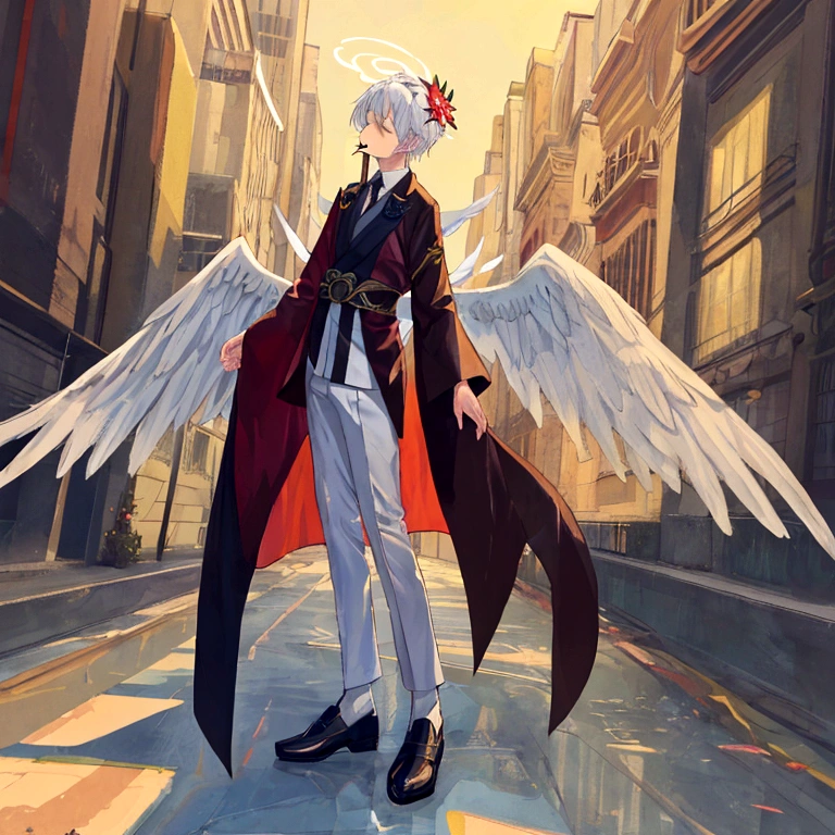 1boy, smelling a flower, sleepy, tranquil, serene, youthful, angel wings, white hair, fullbody, fullbody pose, dynamic pose, creative pose, in the style of zoru