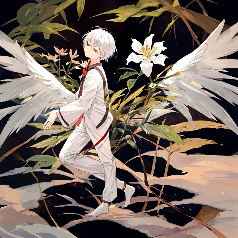 1boy, smelling a flower, sleepy, tranquil, serene, youthful, angel wings, white hair, fullbody, fullbody pose, dynamic pose, creative pose, in the style of zoru