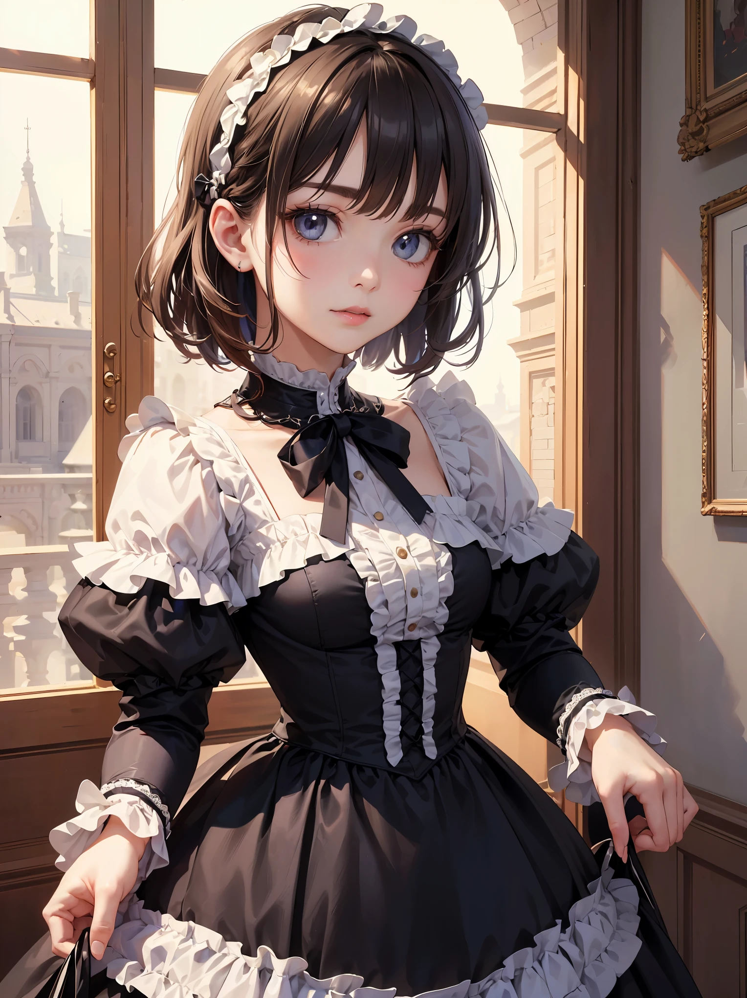 (Highest quality、16K、masterpiece、Ultra-high resolution、Victorian era、Photorealistic:1.2)、Cowboy Shot、One-length bob cut braided hair clip with front drop、Big ribbon、Stylish dresses from the brand、Dressy styles that are glamorous and pretty, with an emphasis on cuteness, bright shades and pop designs、cute、clear、 Tsundere、Heroine's Attributes、Artistic shading、Perfect Face、Detailed portrait、