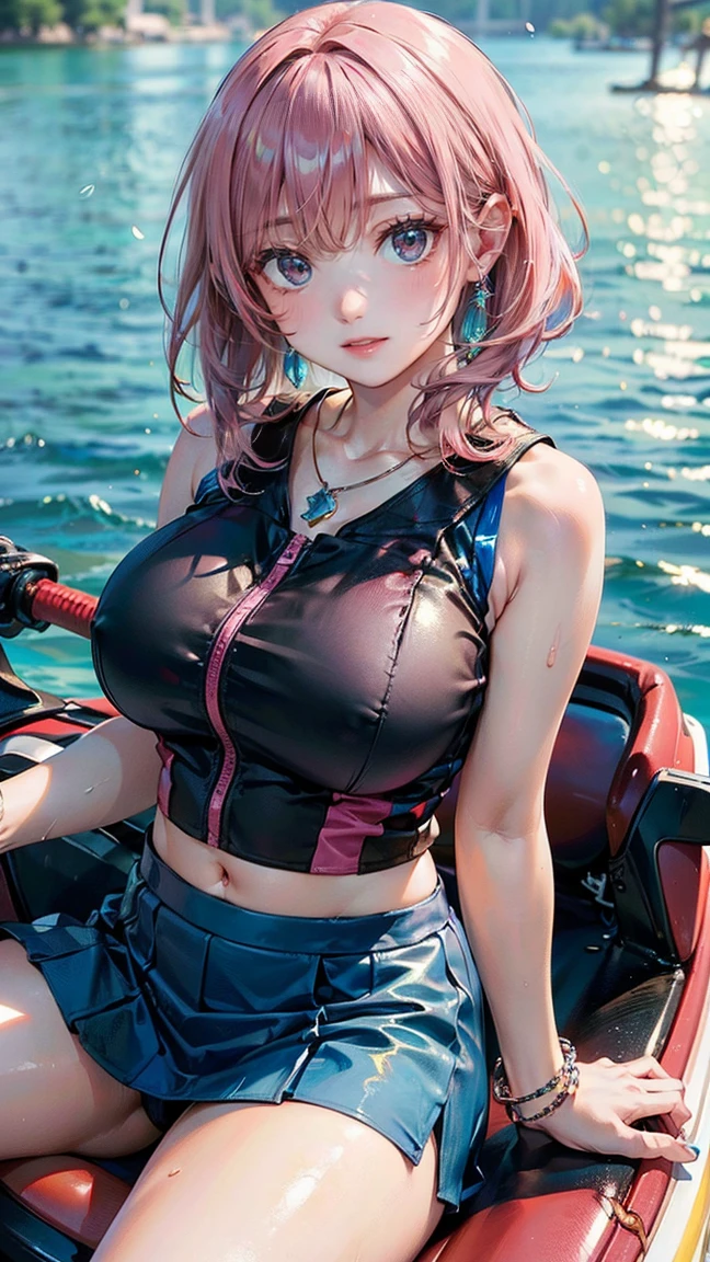 (Masterpiece, BestQuality:1.3), (ultra detailed:1.2), (hyperrealistic:1.3), (RAW photo:1.2), High detail RAW color photo, professional photograph, (Photorealistic:1.4), (realistic:1.4), professional lighting, perfect anatomy, (Big Breasts:1.2), (blush, detailed face), (cheerful Smile:1.5), Trending Hair&Trending Hairカラーをランダムに, earrings, necklace, bracelet, sexly, erotic sexly, Random sexy gravure poses, (A beautiful pink-haired woman wearing a blue sleeveless top and skirt、Smiling and posing sexy while enjoying jet skiing on a lake in summer。:1.3)