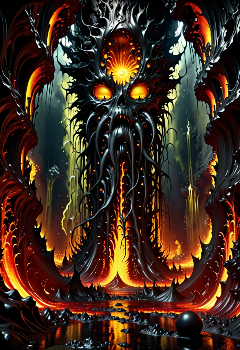 A huge deep abyss made of black stone, incandescent magma, phosphorescent radioactive mineral, gates to hell, it ends in the bottom with a living organic obscurity, abysssanctum, procreation of the wicked, synthetic grotesque,highly detailed, 4k resolution, masterpiece, 3d modelling,digital art