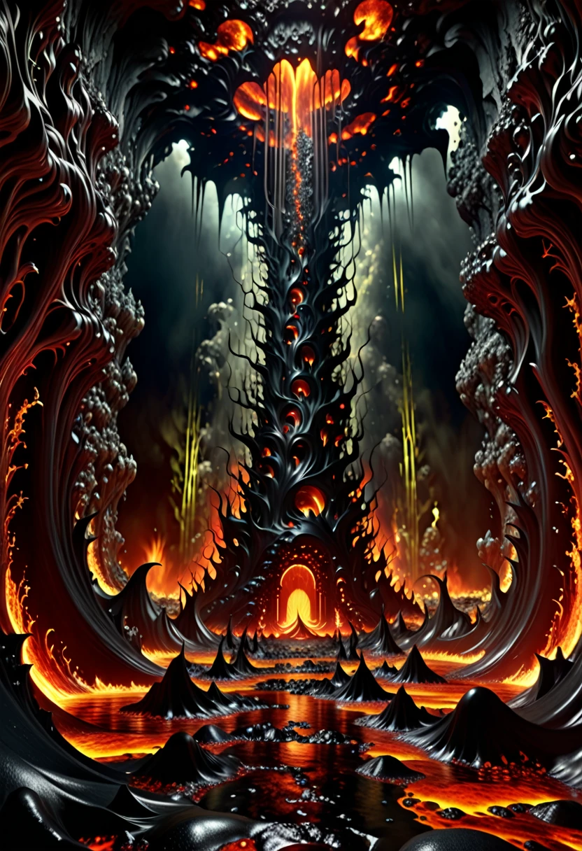 A huge deep abyss made of black stone, incandescent magma, phosphorescent radioactive mineral, gates to hell, it ends in the bottom with a living organic obscurity, abysssanctum, procreation of the wicked, synthetic grotesque,highly detailed, 4k resolution, masterpiece, 3d modelling,digital art